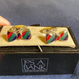 Jos A Bank Red Blue Green Stripe Bow Tie Cufflinks